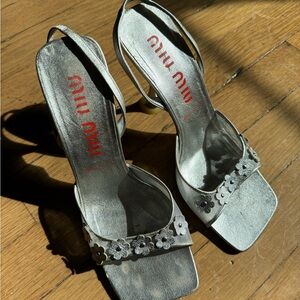 Vintage Italian Miu Miu Silver Women's Sling Back Sandals with Mesh and Flowers